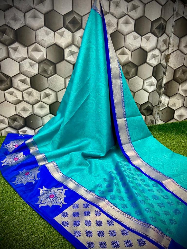 Banarasi kora saree grey and blue with allover self emboss & mirror wo –  Cherrypick