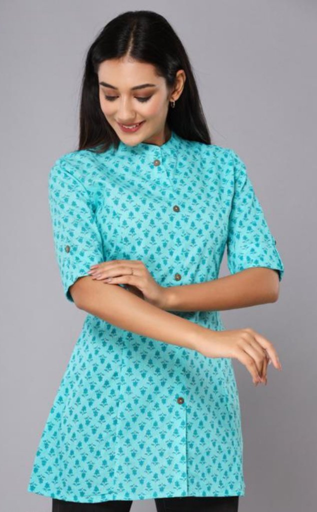 Trendy Short Kurti In Aqua Colour Cotton Fabric With Floral Printed Texture  - KSM PRINTS - 4030459