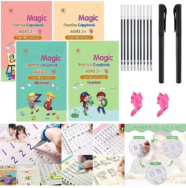 RAM Magic Practice Copy Book for Kids (4 BOOK + 10 REFILL+ 1 pen +1