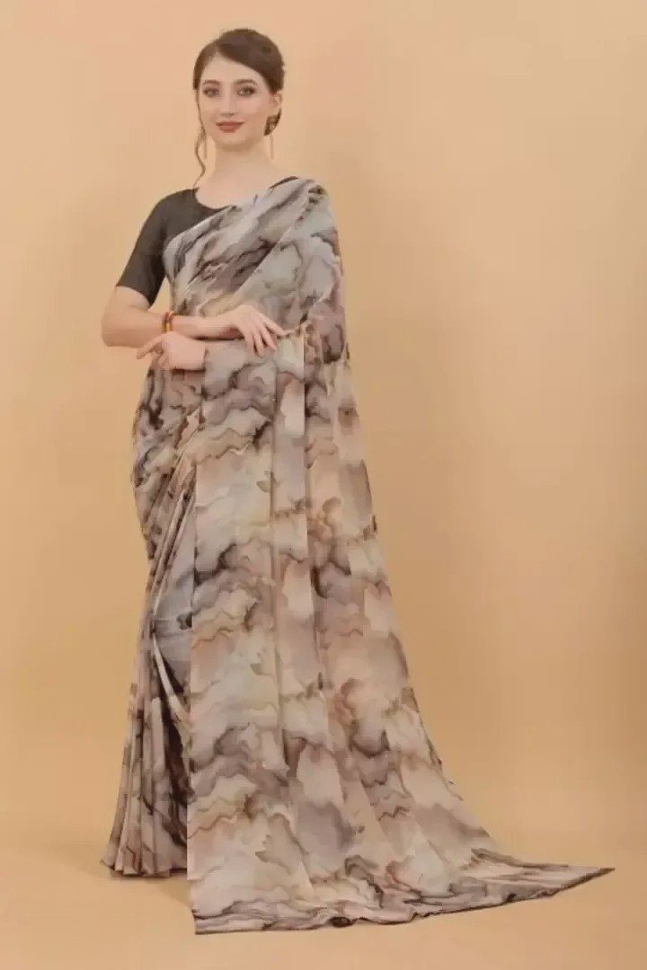 White & Black Designer Satin Crepe Printed Saree - Cloth