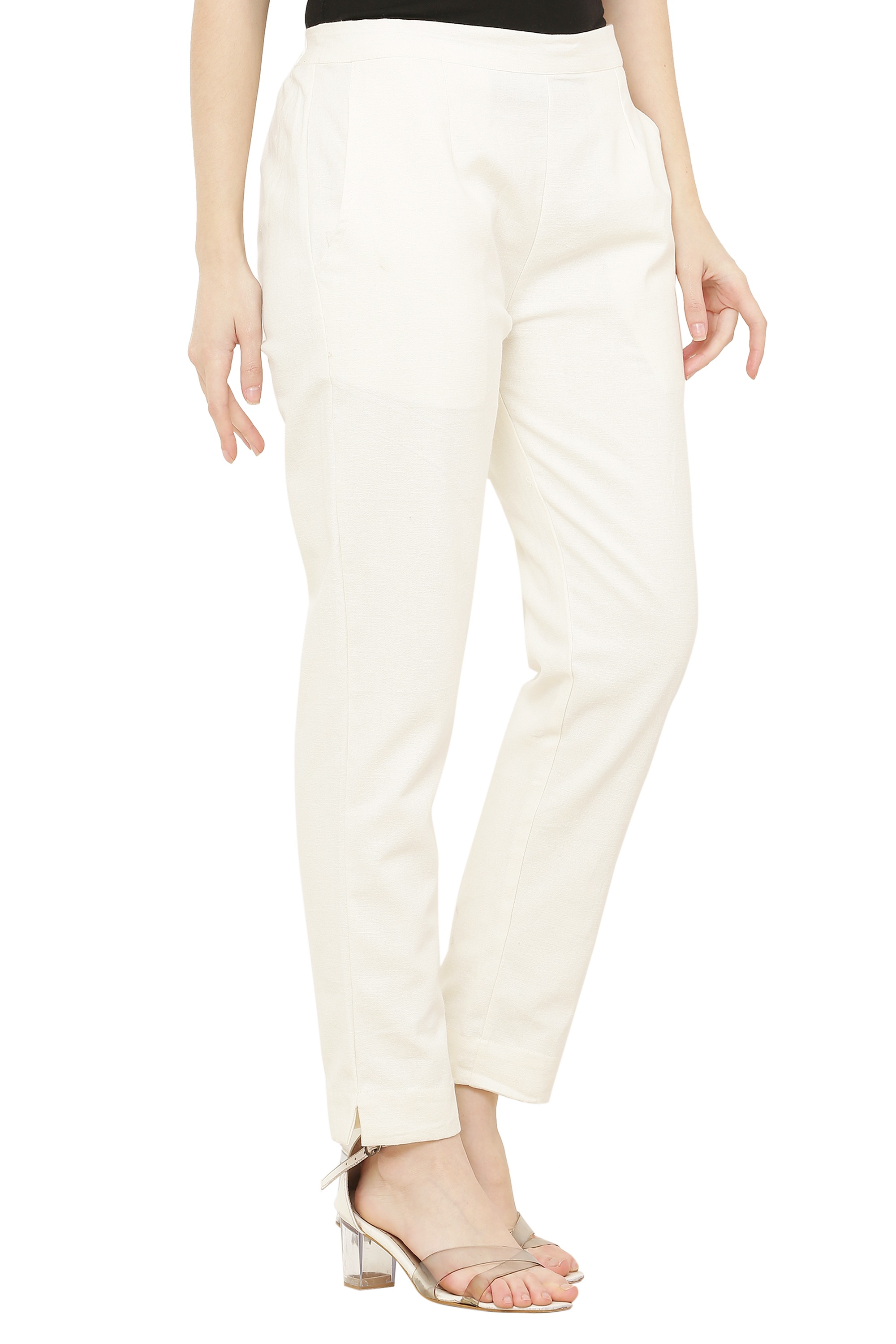 Women's white cotton solid straight trouser pant