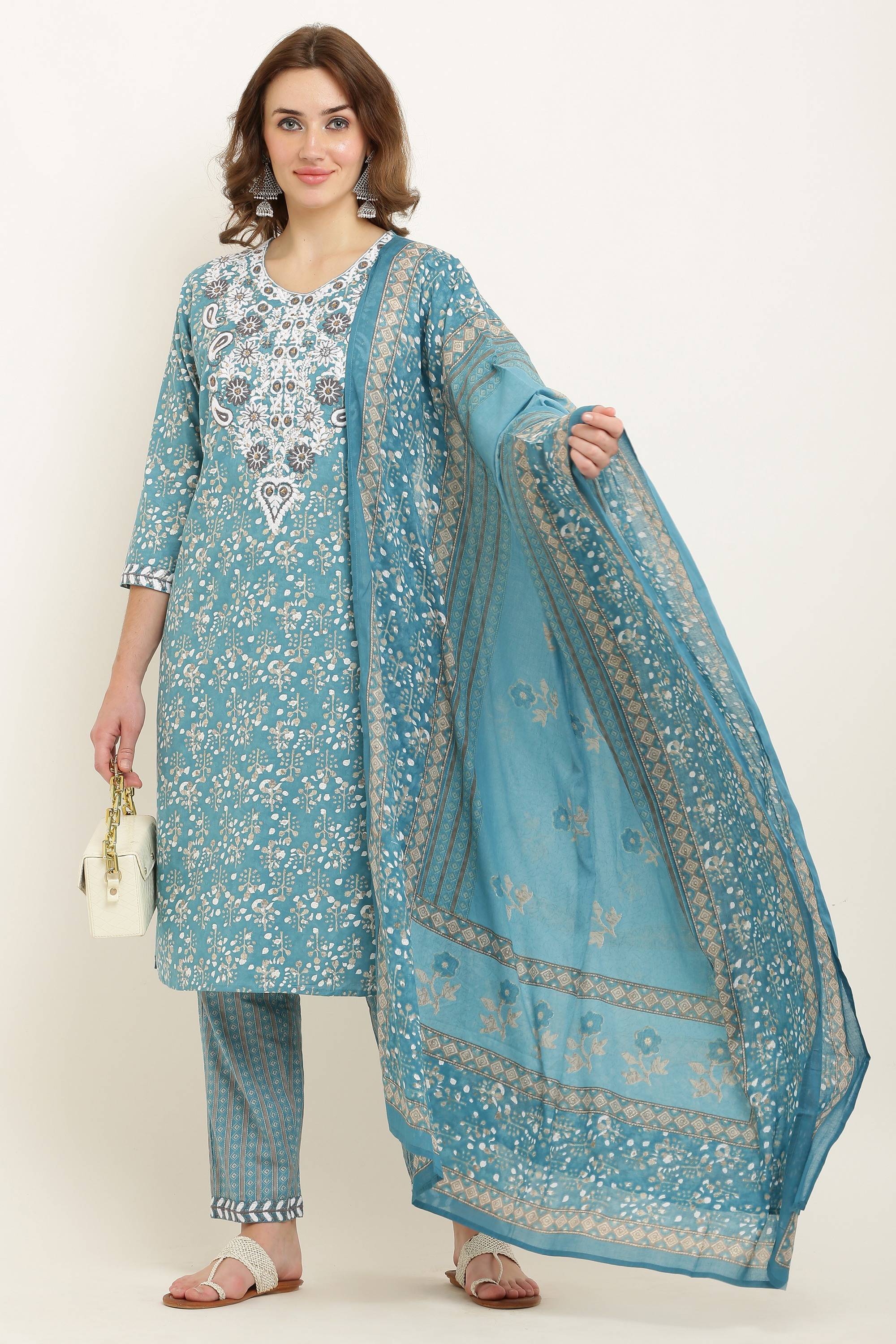Round Neck Floral Embrouder Kurti and TrouserPant with Dupatta set Rayon