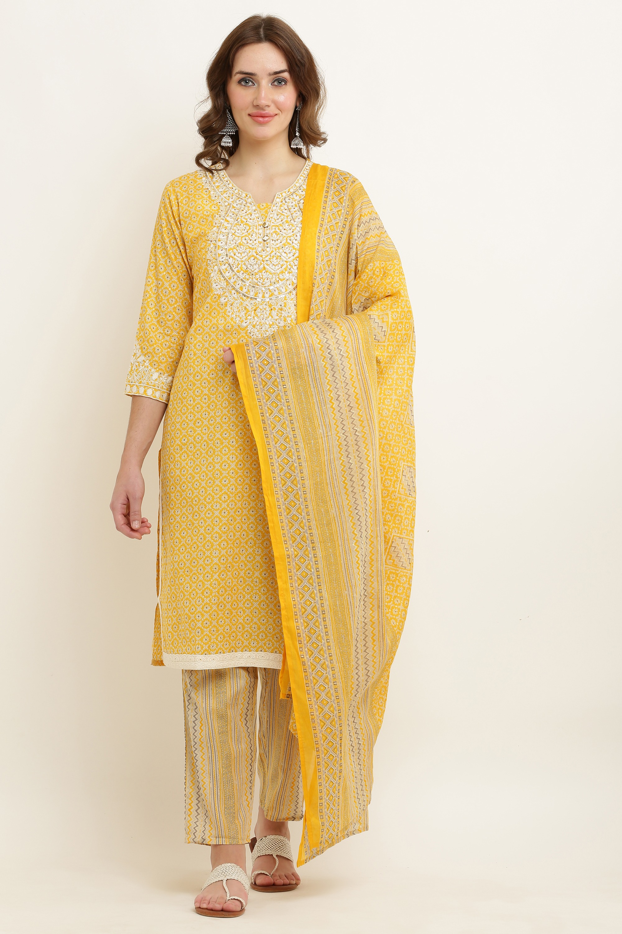 Women Straight Fit Cotton Leheriya Printed Kurta Set with Trouser Pant and  Dupatta – Mirchi Fashion