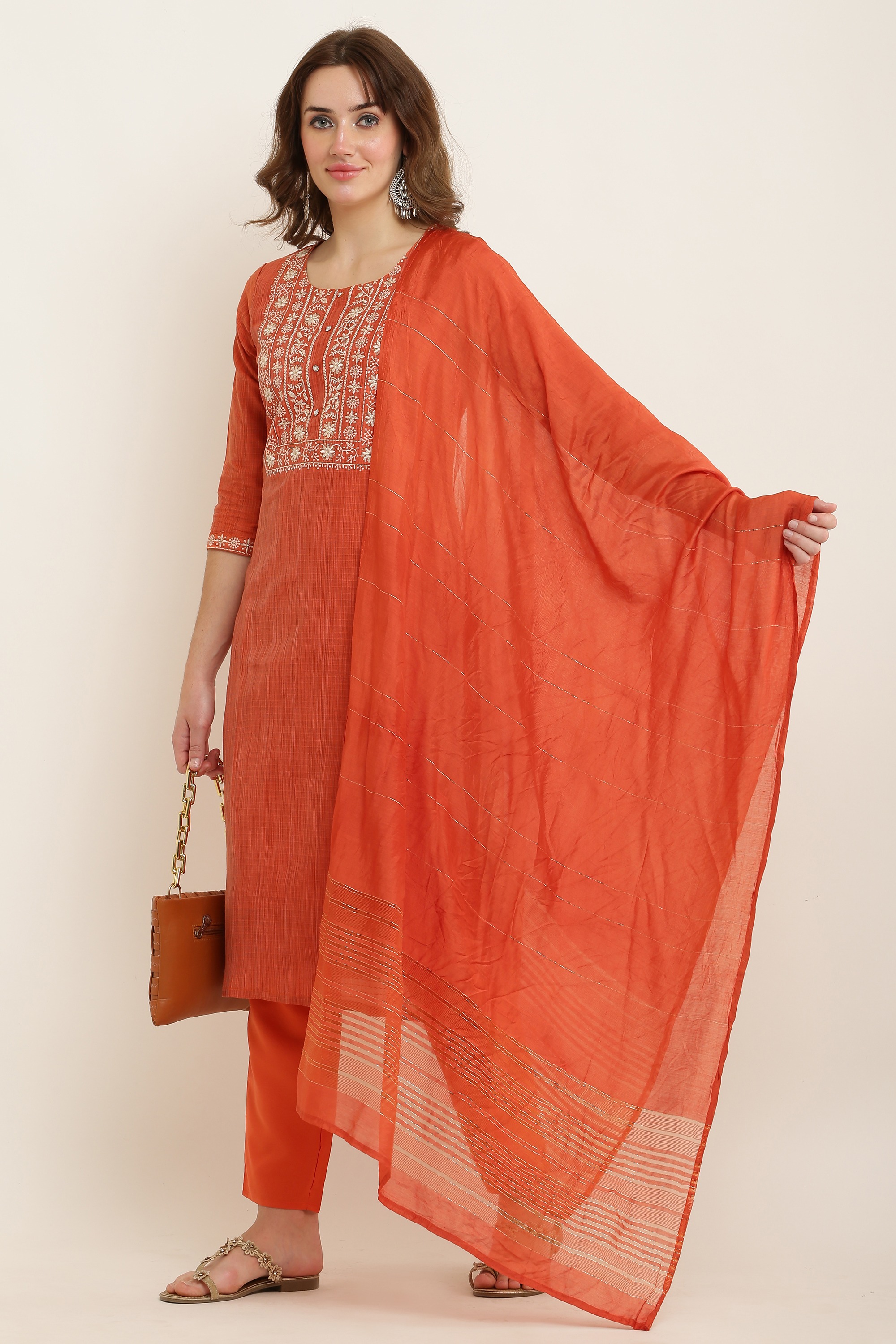 Buy Ishin Womens Silk Blend Mauve Embroidered ALine Kurta Trouser Dupatta  Set Online  ISHIN FASHIONS