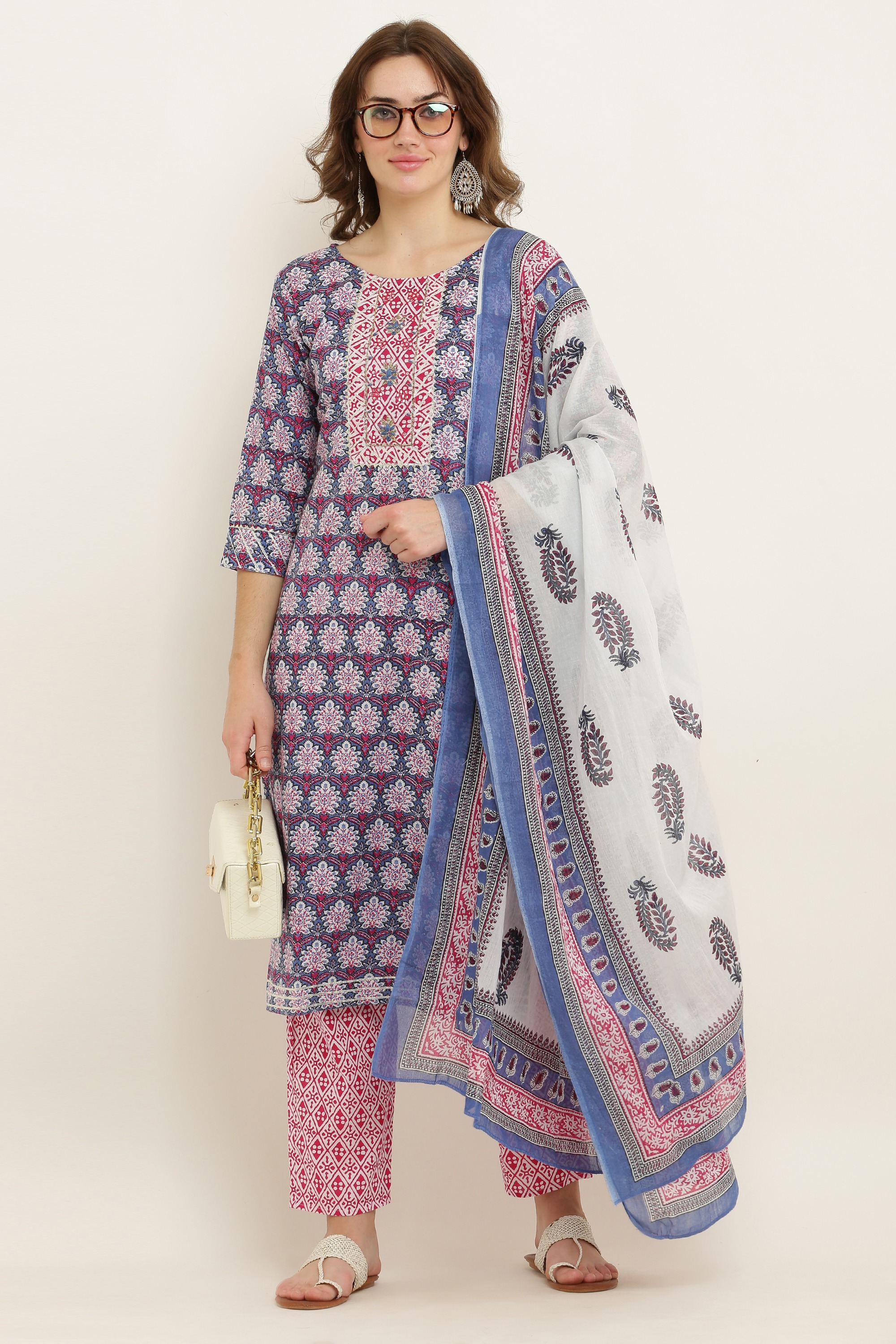 Chandheri flared kurti with overlapping gathered sleeves and tulip pants