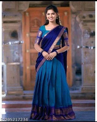 Padmaja - Shade of Peacock Blue and Pink tone Cotton Halfsaree –  Ivalinmabia in 2023 | Pink half sarees, Half saree designs, Saree designs