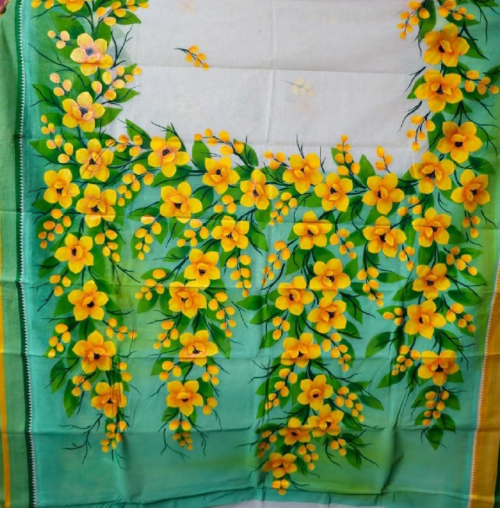 Ree's designs - Introducing 'Vishukani' sarees by Ree's designs Customised  handloom/powerloom saree in Vishu theme with Kanikonna (Golden shower flower  ) and Vishukani, hand painted On the Saree: *1.Single Konna flowers  scattered