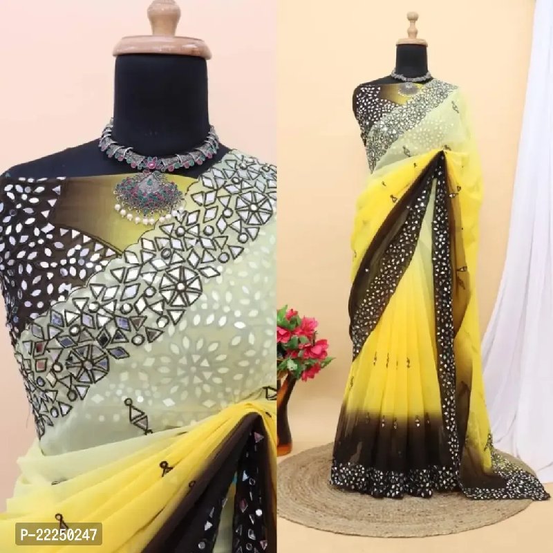 Yellow Saree with White Embroidery Mirror Work