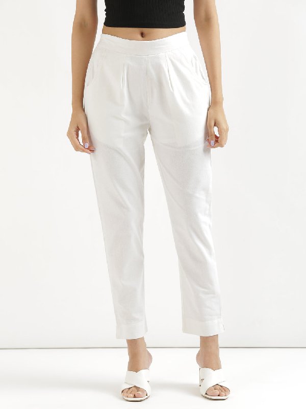 White Cotton Women's Cigarette Trousers Style Pants | Mid-Rise | Pure  Cotton | Ankle Length | Side Pockets | Jeggings | gintaa.com